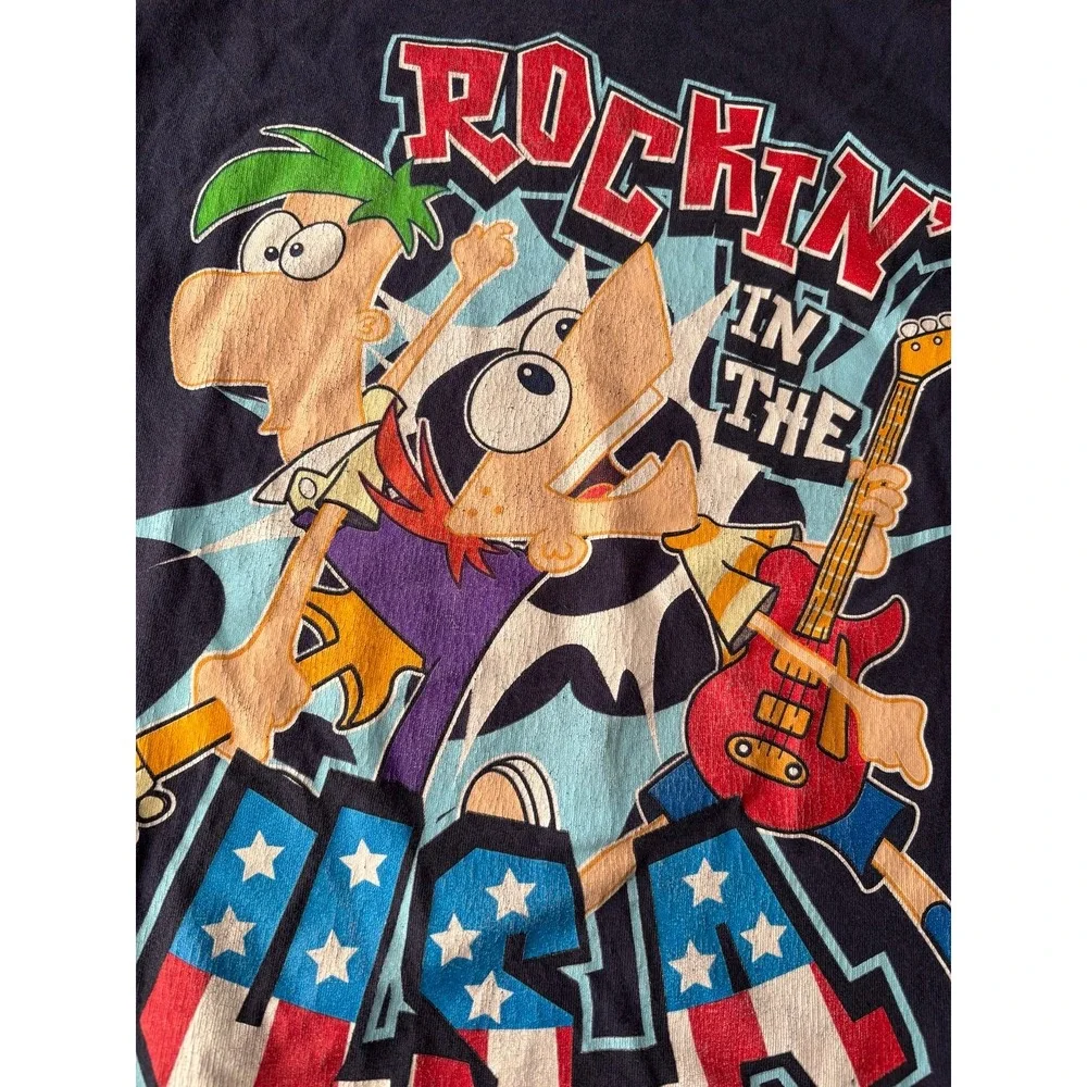 Vintage Disney Phineas And Ferb Rockin‎ In The USA Graphic Tee Size 10/12